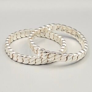 Set of 2 Silver Tone Chevron Link Stretch Bracelets Polished Metal Set